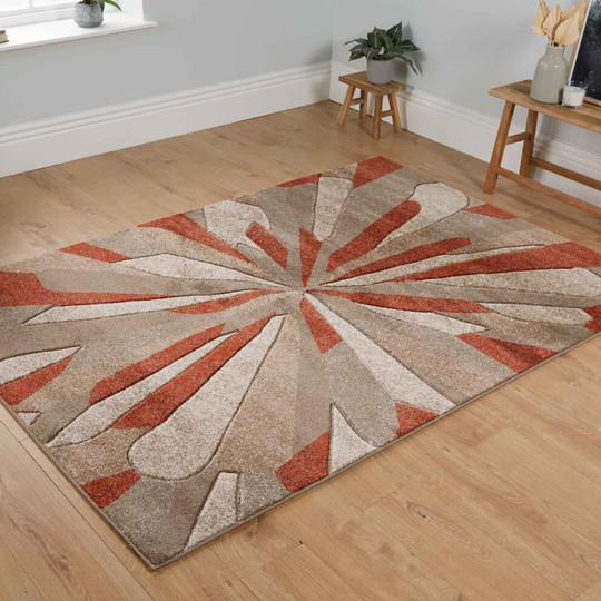 (Beige / Terracotta, 120 x 170cm) Modern Abstract Multi Coloured Non Slip Area Rug