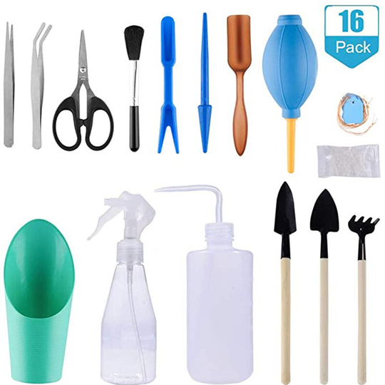 Thsinde - Gardening Tool Kits, 16pcs Succulent Transplant Tools Mini Bonsai Tools, Indoor Gardening Tool Kit with Pruner Scissors Mini Watering Can