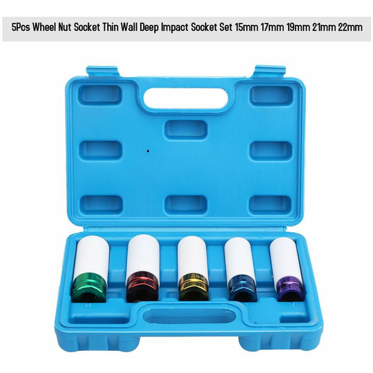 Lifcausal - 5Pcs Wheel Nut Socket Thin Wall Deep Impact Socket Set 15mm 17mm 19mm 21mm 22mm