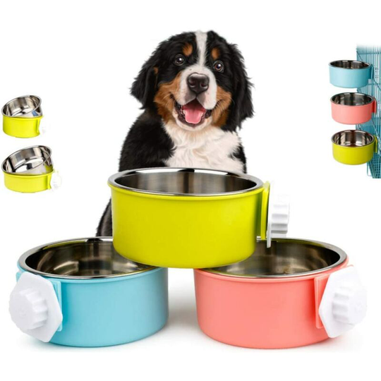 Betterlifegb - Hanging Bowl 2-in-1 for pet food for crates and cages Removable stainless steel and blue plastic feeder + pink + green (l