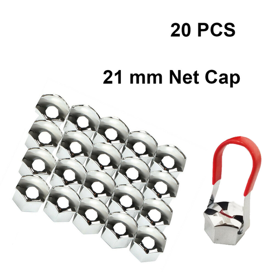 20 x 21MM ALLOY WHEEL HEX NUT/BOLT CAPS COVERS + TOOL CHROME UNIVERSAL