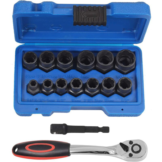 Monly - 13 Piece Damaged Nut Extractor Kit Bolt Removal with Magnetic Extension Bit Holder Ratchet Wrench for Electric Screwdriver and Manual Bolt