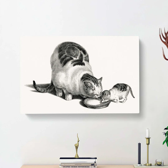 Cat & Kitten Drinking by Gottfried Mind - Wrapped Canvas Drawing Print