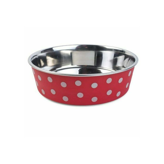 Stainless Steel Red Polka Dot Medium / Large Dog Bowl 21cm Dishwasher safe