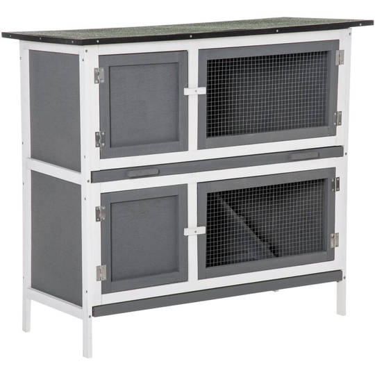 Pawhut - Double Decker Rabbit Hutch Bunny Cage Pet House Outdoor w/ Tray, Grey - Grey