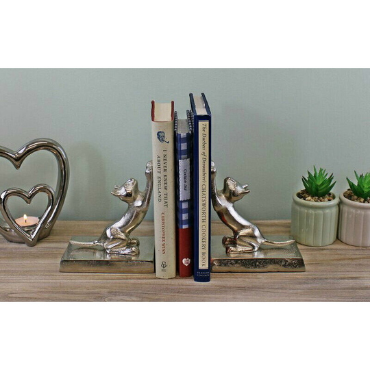 Silver Cat Bookends Stretching Cat Book Ends Aluminium Silver Effect Book Holders Feline Cat Lover Kitten