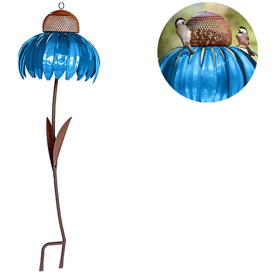 Desert Steel Standing Bird Feeder - Outside Rust Resistant Garden Art Metal Birdfeeder with Stand, blue