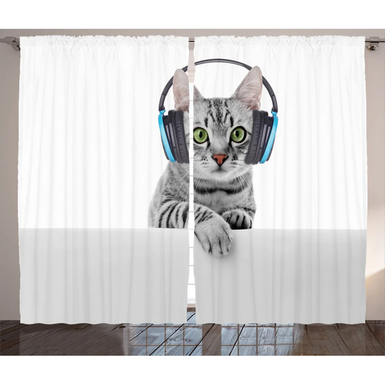 Funny Short Hair Cat Listening to Headphones Kitten Animal Art Print Room Darkening Curtains