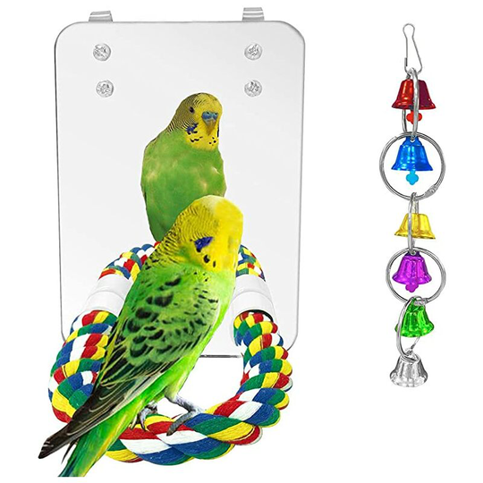 7 Inch Pet Bird Mirror Swing Parrot Cage Toys with Rope Perch, Parrot Parakeet Mirror with Bird Swing Bell Toys for Parakeet