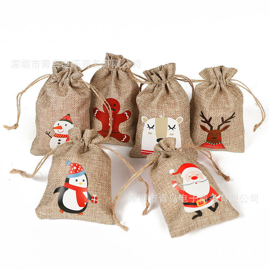FVO - 24pcs Christmas Jute Burlap Gift Bags With Drawstring Small Craft Canvas Goodie For Xmas Wedding Party Supplies Linen Treat Candy Bag Favors