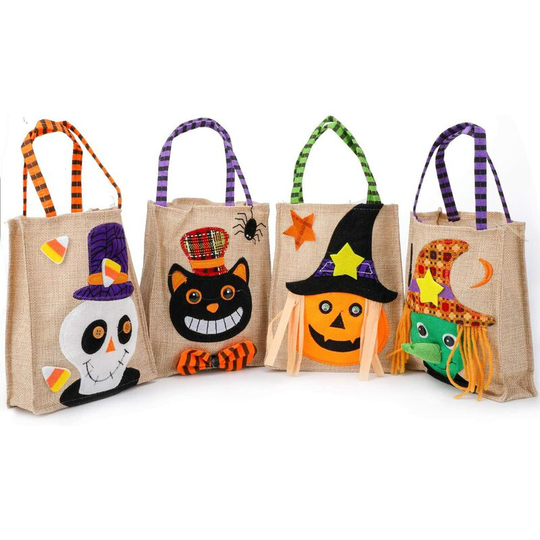 Briday - Halloween Gift Handbag Treats Candy 4pcs, Halloween Party Flax Goody Sweet Snack Bag for Kids Halloween Party Supplies Favor, Witch Pumpkin