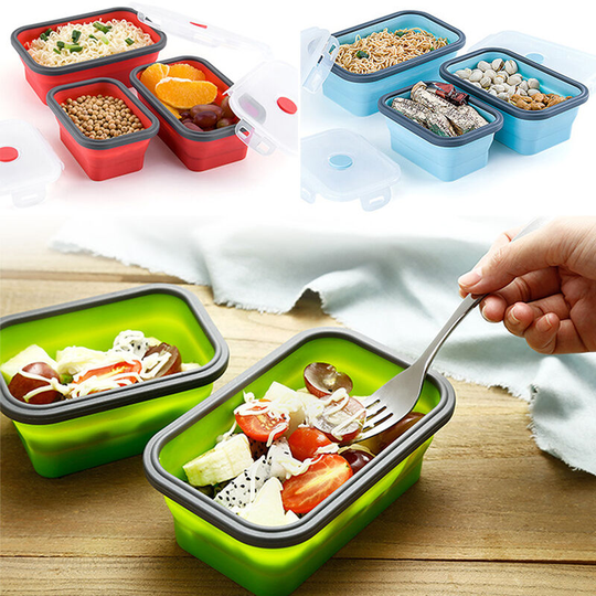 Lifcausal - Silicone Lunch Boxes Set Collapsible Food Storage Containers Rectangle Folding Picnic Outdoor Kitchen Microwave Freezer Bowl 3Pcs
