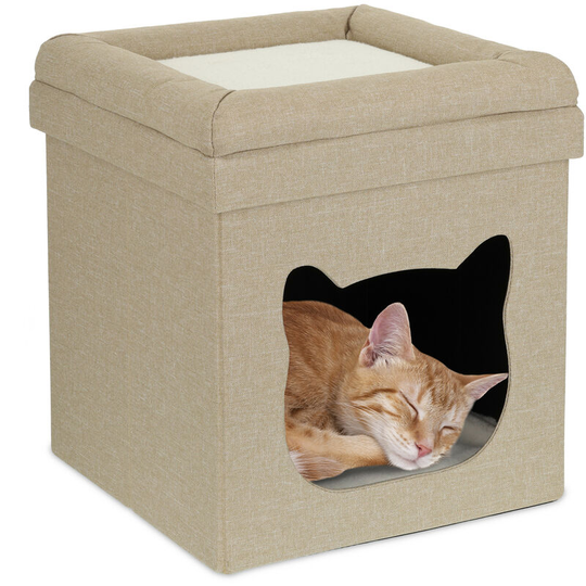 Indoor Cat Cave, Sleeping Den for Kittens, Kitty Box 2 Tiers, Foldable, HxWxD: 44 x 40 x 40 cm, Brown/White - Relaxdays