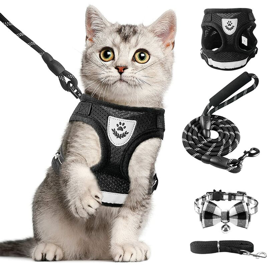 Modou - Cat Harness and Leash, Comfortable Cat Leash Walking Jacket, Suitable for Rabbits, Puppies, Dogs, Comes with Cat Collar with Bell and Bow