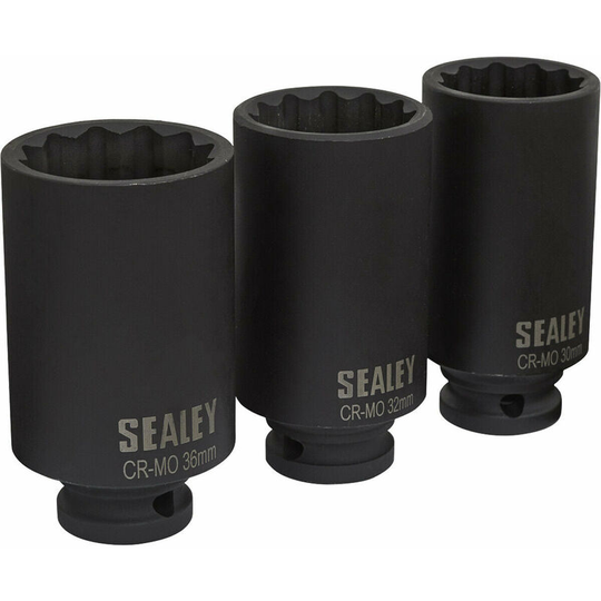 3 pack - 30mm 32mm 36mm deep Impact Socket Set - 1/2' Square Drive - 12 Point