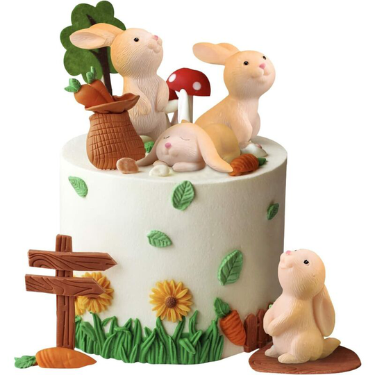 7 Pieces Cake Topper 3D Rabbit Figure Cake Toppers Cake Topper Happy Birthday Easter Bunny Figures Decoration for Kids Baby Birthday Party Decoration