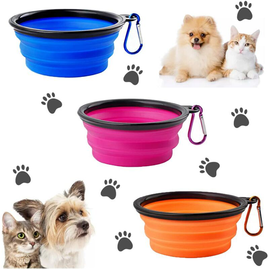 3pcs Dog Travel Bowl, Foldable Dog Bowl, Dog and Cat Travel Bowls, with Travel Carabiner for Pet Food and Water (Blue + Orange + Purple)