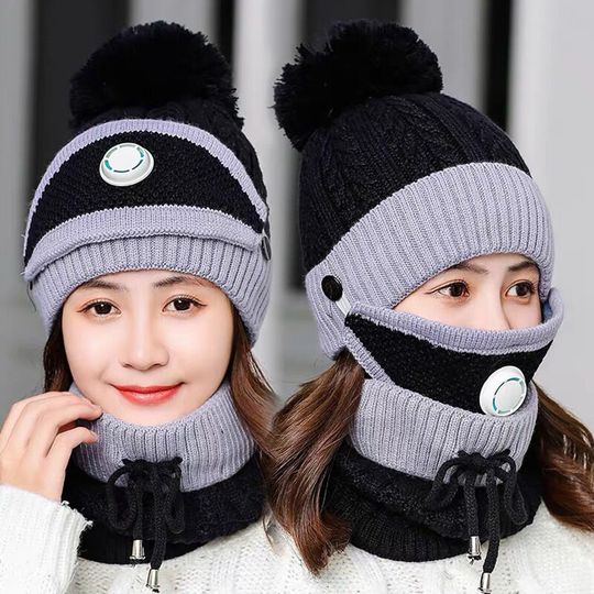 Winter Fashion Riding Hat Ear Protector Wool Hat Mask Neckwear Korean Fashion Knit Warm Three Piece Hat Set (Black)