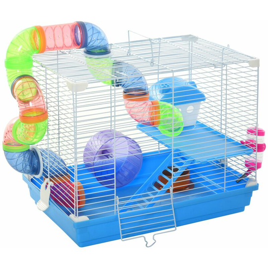 Pawhut - Hamster Cage Carrier Small Animal House w/ Exercise Wheels Tunnel Tube - blue