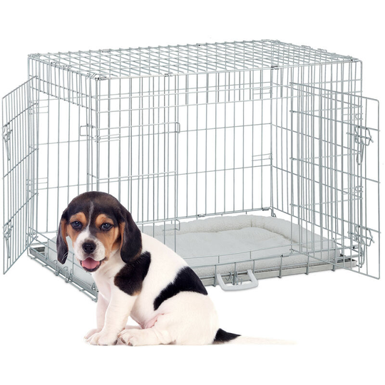 Foldable Dog Crate, for Travelling & Indoors, Bottom Tray, 2 Doors, Handle, Pillow, 66 x 91 x 60 cm, Metal - Relaxdays