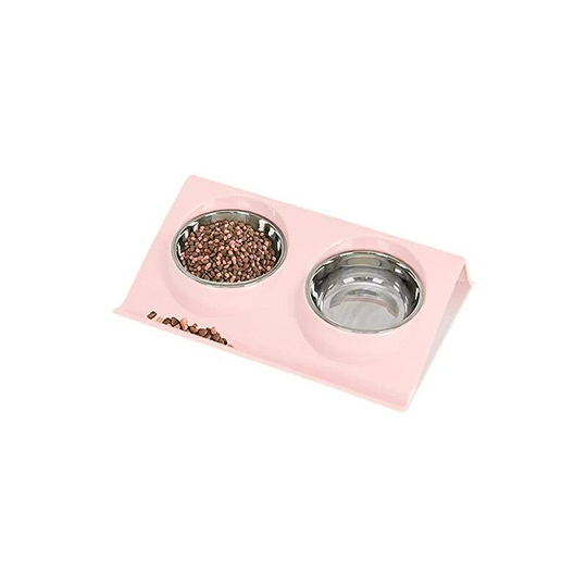 FVO - Cat Dog Bowl, Pet Bowl Set, Portable Dog Cat Bowl, Basic Cat Bowl, with Double Stainless Bowls (Pink)