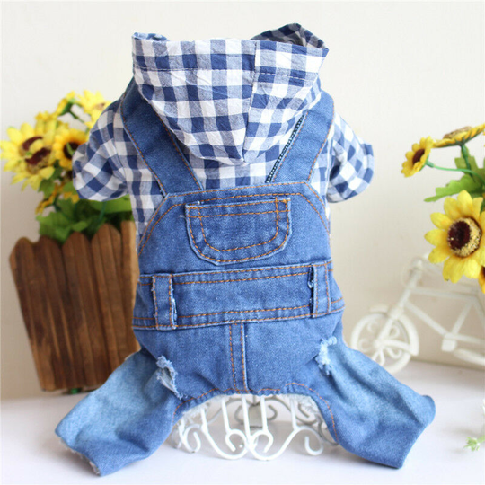 Pet clothes four-legged cross straps denim fall and winter clothes blue denim bottom shirt pet hoodie cool boys and girls jacket puppy clothes,