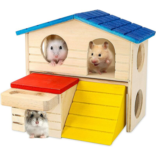 Pet small animal hideout Hamster house Luxury two-story wooden hut Play with toys and chew