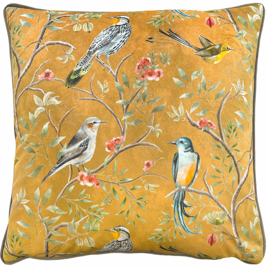 Wylder Tropics Orient Chinoiserie Birds Print Velvet Piped Edge Cushion Cover, Gold, 43 x 43 Cm