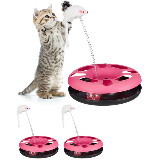 Relaxdays - Set of 3 Cat Toys Carousel with Mouse, Interactive Toy, Ball with Bell, Pet Training, Pink