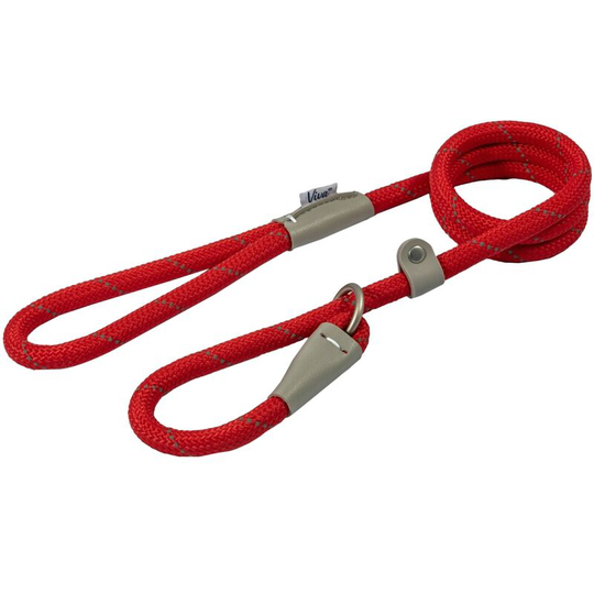 Leather Reflective Dog Slip Lead (120cm x 10mm) (Red) - Red - Ancol