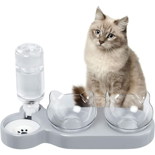 Bearsu - Raised Cat Bowl 3 Bowls, Double Cat Bowls, 15° Tilt Double Cat Bowl, Cat Drinkers, Bowl for Cats and Small Dogs in Non-Slip Base