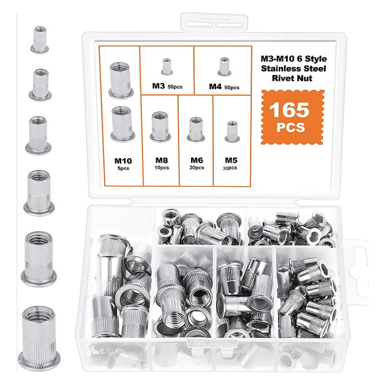 Tinor - 165PCS Stainless Steel Rivet Nut Tool Flat Threaded Head Rivet Nutsert Cap Assortment kit M3 M4 M5 M6 M8 M10 Types Nuts (6 Types 165PCS