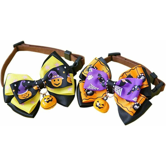 2pcs Halloween Cat Necklace With Pumpkin Bell Butterfly Pet Friendly Necklaces Puppy Neck Chain Belt Halloween Animal Costume For Kitten L