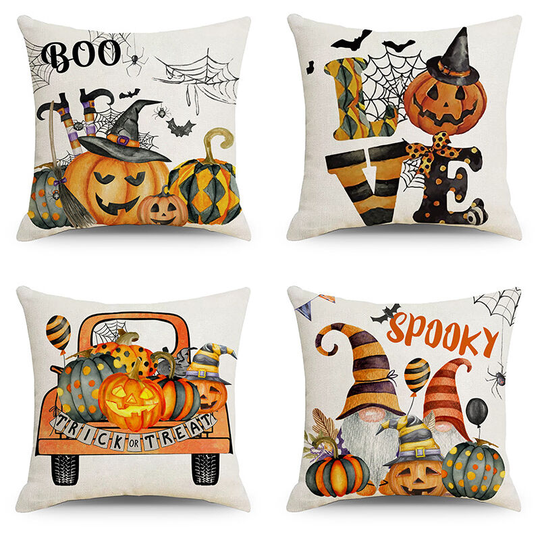 Halloween Decor, Fall Halloween Pumpkin Decor Cushion Covers Orange White Cartoon 18x18 Inch Set of 4 Rustic Cushion Home Decor for Bedroom Indoor