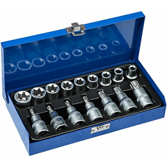 Tectake - 1/2 inch Torx set 17-PC. - torx bit set, torx socket set, bit set - blue