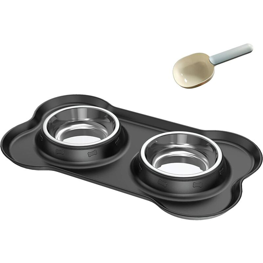 2x400ML Small Cat and Dog Bowl, Stainless Steel Non-Slip Anti-Overflow and Anti-Spill Bowl, Stainless Steel Double Bowl with Silicone Mat