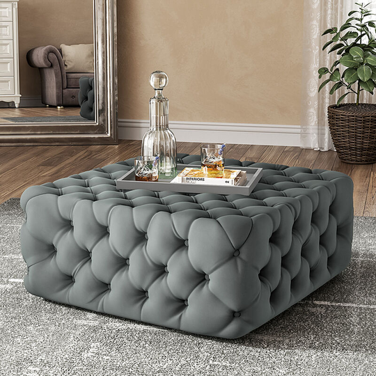 92cm Deep Button Square Velvet Footstool,Grey - Livingandhome