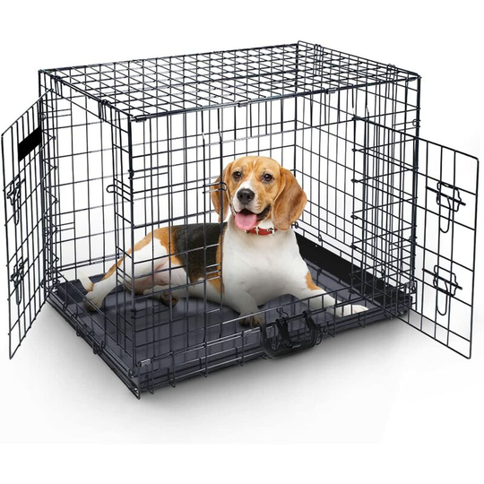 Briefness - 36in Dog Cage Crate �c Pet Black Metal Folding Cage with 2 Doors (Front & Side) with Chew Resistant Plastic Base Tray and Carrier Handle
