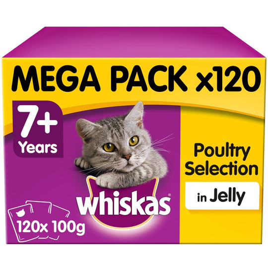 Whiskas 7+ Senior Cat Pouches Poultry Selection Cat Food Jelly 120x100g Megapack