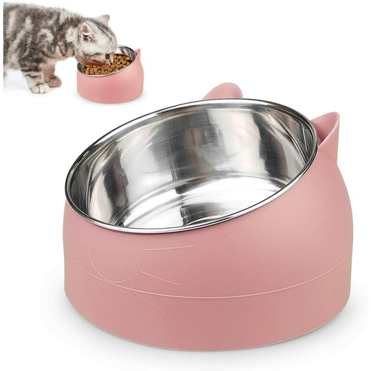 Cat Bowl, Pet Food Bowl, Tilted Stainless Steel Cat Bowl, Small Dog Bowl, Stainless Steel Cat Bowl Set 400ML (Pink)