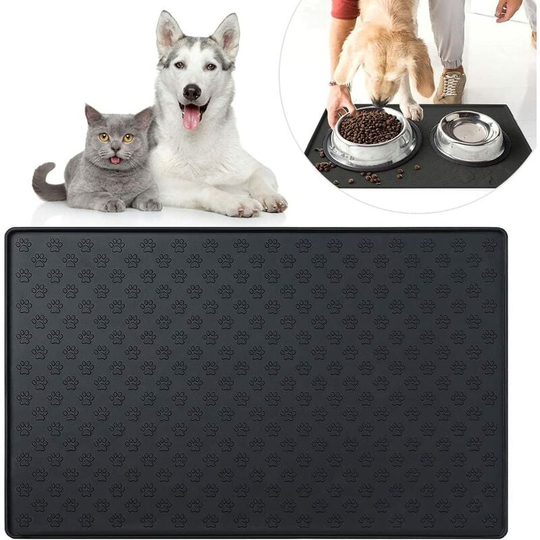 Cat and Dog Bowl Mat, Non-Slip Mat Under Pet Bowls, Durable Waterproof Silicone, 47x30cm (Black Paw Pattern)