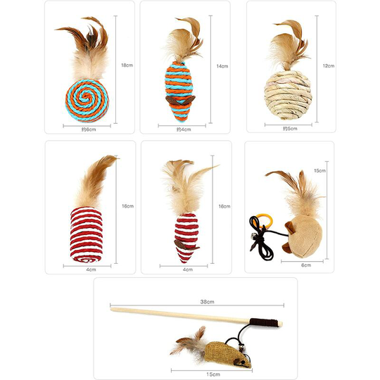 7 Piece Cat Toy Set Fun Gift Box with Interchangeable Pet Feathers