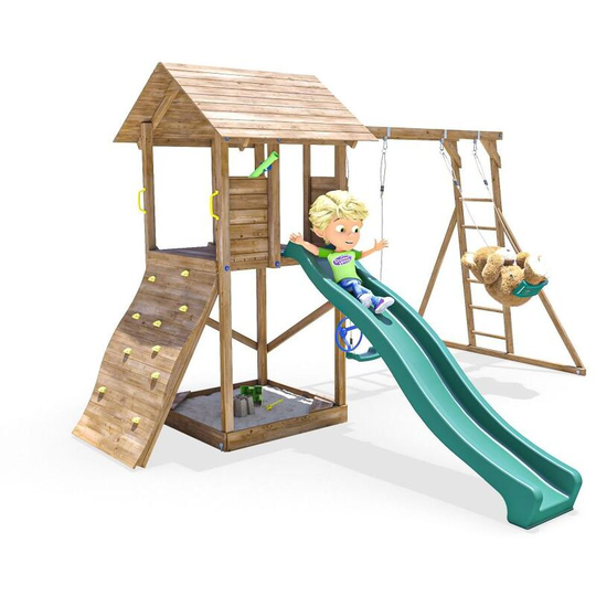 Dunster House Ltd. - Climbing Frame MaxiFort Frontier - Playhouse Pressure Treated Wood Slide Swing Set Monkey Bars Play Den