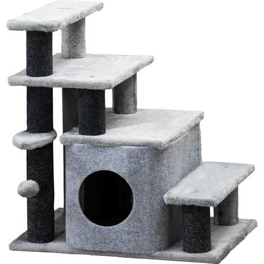 Dog Steps for Bed 4 Step Pet Stairs Cat House with Detachable Cover - Grey - Pawhut