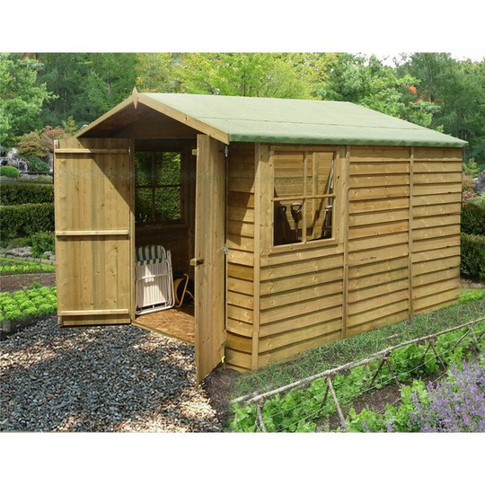 10 x 7 (2.97m x 2.04m) - Pressure Treated Overlap - Apex Wooden Garden Shed - 2 Opening Windows - Double Doors