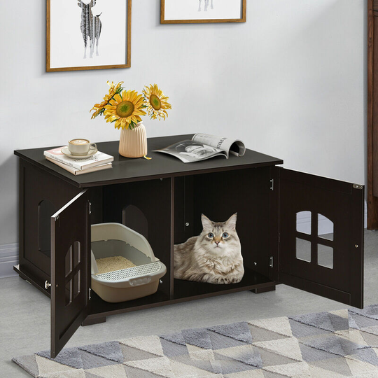 Wooden Cat Litter Box Enclosure Kitty Washroom Toilet Storage Cabinet w/ Window