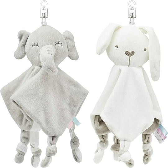 2 Pieces Baby Security Blankets Baby Comfort Towel Toy Soft Baby Lovey Stuffed Animal Plush Nursery Bed Blanket for Boy Girl, Gray Elephant and White