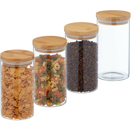 Storage Jars in Set of Four, 1000 ml Each, Bamboo Smell-proof Lids, Dry Food Storage, Glass, Transparent/Brown - Relaxdays