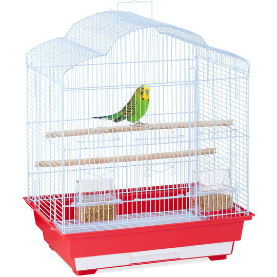 Bird Cage, Birdcage, Perches & Feeding Bowls, Metal, h x w x d: 56.5 x 46.5 x 35.5 cm, Red - Relaxdays