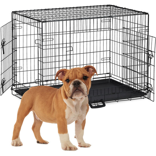 Foldable Dog Crate, Travels with Pets or Indoors Use, Plastic Bottom, 2 Doors, hwd: 67 x 91 x 60 cm, Metal - Relaxdays
